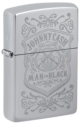 Front view of ˫ Johnny Cash High Polish Chrome Windproof Lighter standing at a 3/4 angle.